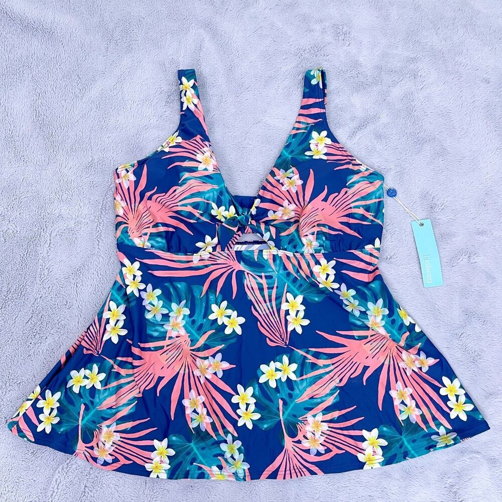 Birdsong Laguna Tie Front Tankini Swim Top Blue Floral Underwire Bra 38DD